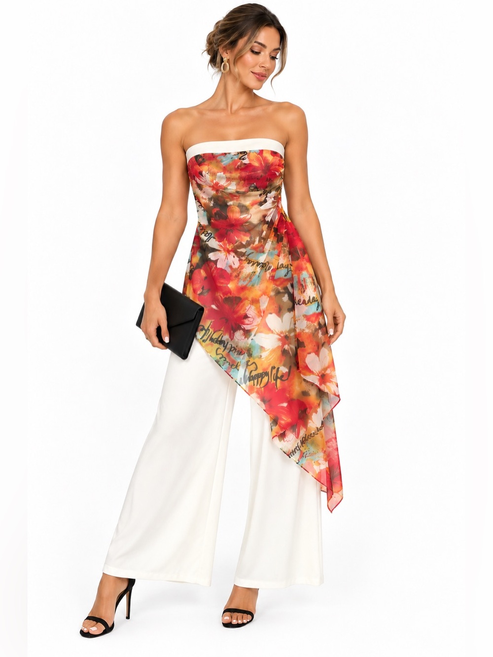 Caché XS Strapless Floral Overlay Wide Leg Jumpsuit Ivory